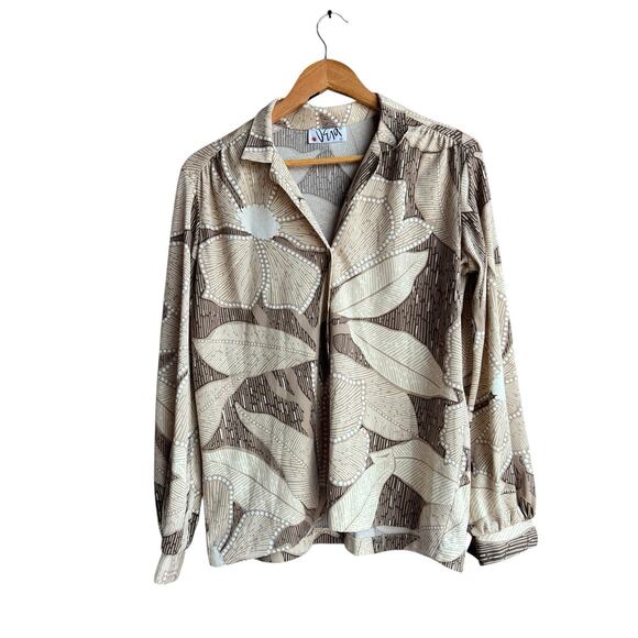 Women's Career Blouse Vintage 70s Long Sleeve Button Up Brown Paisley Size XL - Picture 5 of 5